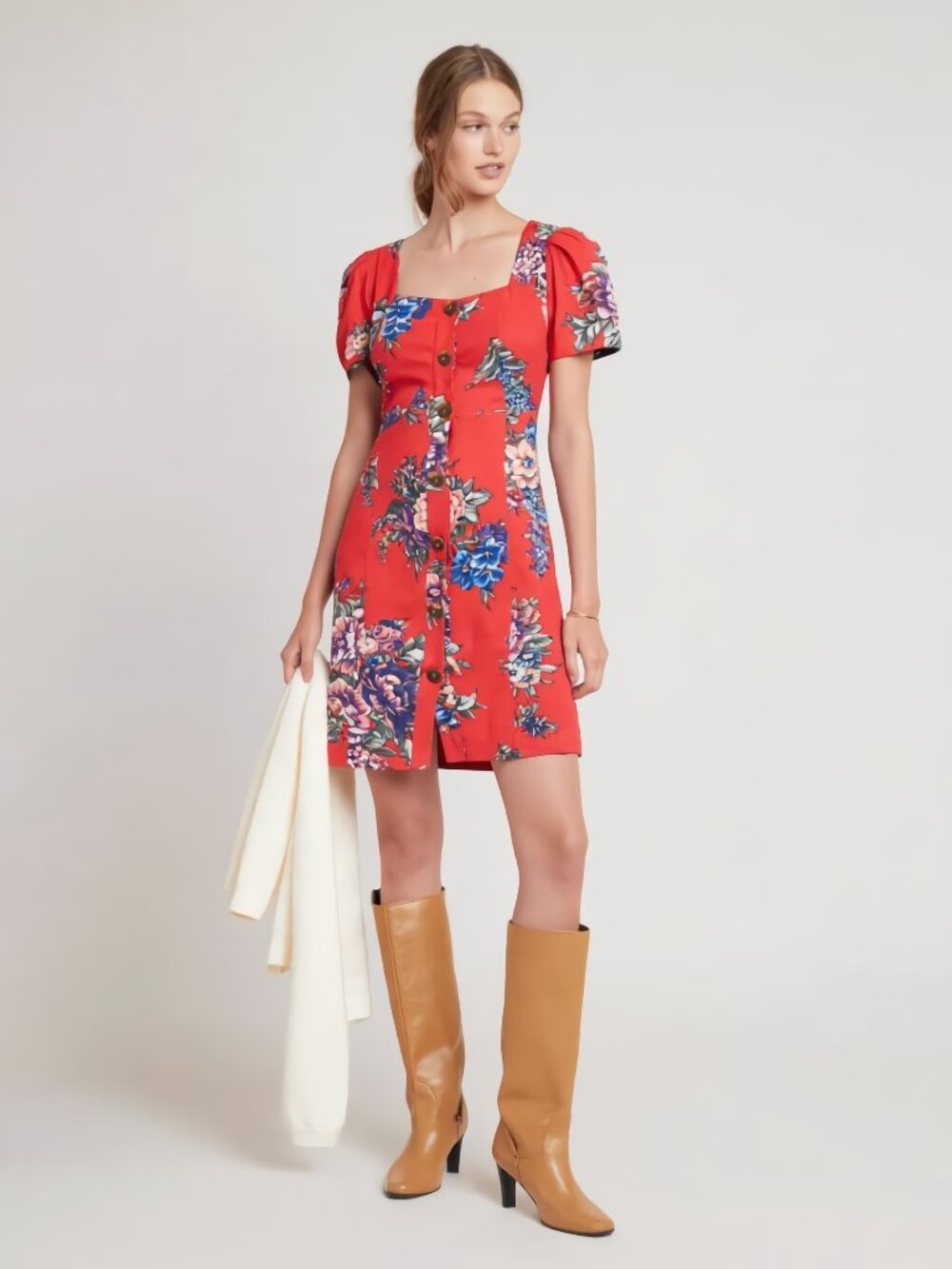 Maeve Anthropologie Red Floral Button Front Mini Dress Lace Trim Lined Size 6
